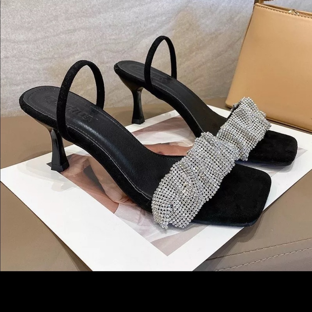 Black velvet silver Julie scrunchie crystal sling back low heel NEW size 41